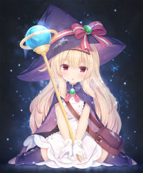 Rule 34 | 1girl, black thighhighs, blonde hair, bow, brooch, brown eyes, cape, commentary request, dress, full body, hair between eyes, hat, hat bow, highres, jewelry, little witch nobeta, long hair, looking at viewer, no shoes, nobeta, orb, parted lips, pink cape, purple cape, purple hat, shizukawashi sumi, sitting, solo, staff, striped, striped bow, thighhighs, very long hair, wariza, white dress