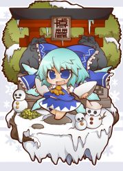 Rule 34 | 1girl, ascot, blue eyes, blue hair, bow, chibi, cirno, cosplay, detached sleeves, fang, frog, gurageida, hair bow, hakurei reimu, hakurei reimu (cosplay), highres, ice, japanese clothes, komainu, matching hair/eyes, miko, open mouth, shishi, smile, snow, snowman, solo, statue, torii, touhou, tree, wings