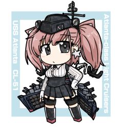 Rule 34 | 1girl, anchor hair ornament, atlanta (kancolle), black footwear, black hat, black skirt, boots, breasts, brown hair, character name, dress shirt, earrings, garrison cap, garter straps, gloves, grey eyes, hair ornament, hat, high-waist skirt, jewelry, kantai collection, large breasts, long hair, long sleeves, machinery, partially fingerless gloves, shiki kyouzoku, shirt, skirt, solo, standing, star (symbol), star earrings, suspender skirt, suspenders, thigh strap, two side up, white background, white gloves, white shirt