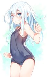 Rule 34 | 10s, 1girl, bad id, bad pixiv id, bare shoulders, blue eyes, blue one-piece swimsuit, breasts, covered navel, cowboy shot, expressionless, hair between eyes, hibiki (kancolle), kantai collection, long hair, one-piece swimsuit, otokuyou, school swimsuit, sideboob, sidelocks, simple background, small breasts, solo, swimsuit, white hair