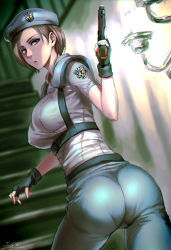Rule 34 | 1girl, artist name, ass, beret, blue eyes, breasts, brown hair, capcom, fingerless gloves, gloves, gun, handgun, hat, holding, holding gun, holding weapon, jill valentine, looking at viewer, pants, pantylines, parted lips, pistol, resident evil, resident evil 1, sgk, short hair, signature, solo, stairs, tight clothes, tight pants, trigger discipline, weapon, wide hips