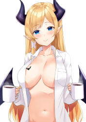 Rule 34 | 1girl, bat tattoo, blonde hair, blouse, blue eyes, breast pocket, breast tattoo, breasts, cleavage, coffee, coffee mug, collarbone, collared shirt, cup, demon girl, demon horns, demon wings, dress shirt, holding, hololive, horns, kosuke (bb), large breasts, long hair, long sleeves, looking at viewer, mug, naked shirt, navel, open clothes, open shirt, pocket, pointy ears, shirt, simple background, smile, solo, steam, stomach, tattoo, upper body, virtual youtuber, white background, white shirt, wings, yuzuki choco, yuzuki choco (1st costume)