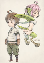 Rule 34 | 1boy, 1girl, ass, bad id, bad pixiv id, bikini, breasts, brown hair, butt crack, feather hair, feathered wings, feathers, green wings, hair between eyes, harpy, monster girl, nejitsu (nucomas), nucomas, original, pink hair, shirt, short hair, side-tie bikini bottom, swimsuit, t-shirt, talons, thighs, winged arms, wings