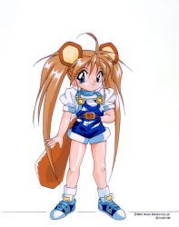 Rule 34 | 1990s (style), 1girl, animal ears, arms behind back, blue eyes, chap (chip-chan kick!), chip-chan kick!, copyright name, copyright notice, highres, hirohiko yanagi, light brown hair, long hair, looking at viewer, official art, puffy sleeves, retro artstyle, shoes, short sleeves, shorts, simple background, smile, sneakers, solo, standing, suspender shorts, suspenders, tail, twintails, very long hair, white background