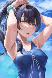 Rule 34 | 1girl, armpits, arms up, blue eyes, blue hair, blue one-piece swimsuit, blue scrunchie, blush, breasts, cloud, cloudy sky, double-parted bangs, highres, link! like! love live!, lips, love live!, mole, mole on neck, one-piece swimsuit, parted lips, saidamoosu (tree 3m), scrunchie, sky, small breasts, solo, sweat, swimsuit, tying hair, upper body, wrist scrunchie