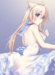 Rule 34 | 1girl, :o, ahoge, animal ear fluff, animal ears, backless dress, backless outfit, bare back, bare shoulders, blonde hair, blue eyes, blue sailor collar, blush, breasts, dress, ears down, fox ears, from behind, grey background, konshin, large breasts, long dress, long hair, looking at viewer, looking back, original, parted lips, phantasy star, phantasy star online 2, sailor collar, sailor dress, sideboob, solo, sweat, sweatdrop, twintails, wet, wet clothes, white dress