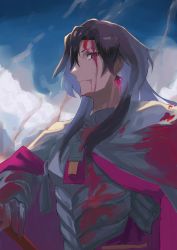 Rule 34 | 1boy, armor, black eyes, black hair, blood, blood from mouth, blood on clothes, blood on face, cloak, constantine xi (fate), day, earrings, fate/grand order, fate (series), gloves, hair between eyes, hand on hilt, highres, jewelry, light smile, long hair, looking at viewer, male focus, profile, royst, sideways glance, smoke, solo, tassel, upper body, white armor, white cloak, white gloves