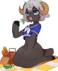 Rule 34 | 1girl, :d, apple, blue eyes, bottomless, bread, crop top, eating, female focus, food, fork, fruit, furry, furry female, grapes, grey hair, highres, hood, horizontal pupils, horns, medium hair, navel, ninny n, open mouth, original, picnic, picnic basket, plate, sheep girl, sheep horns, simple background, sitting, smile, solo, wariza, white background, white neckwear