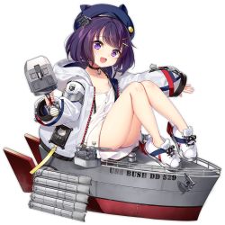 Rule 34 | 1girl, anchor choker, animal ears, artist request, azur lane, blush, breasts, bush (azur lane), choker, collarbone, fake animal ears, full body, hair ornament, hairclip, looking at viewer, open mouth, purple eyes, purple hair, shoes, short hair, sitting, small breasts, smile, sneakers, solo, transparent background