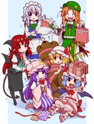 Rule 34 | +++, 6+girls, :d, ^ ^, ahoge, apron, bag, bat wings, blonde hair, blue background, blue eyes, blue hair, blush stickers, bouquet, bow, bowtie, box, braid, chinese clothes, closed eyes, demon tail, eichi yuu, fang, flandre scarlet, flower, gift, gift box, gift wrapping, hat, hat ribbon, head wings, high heels, hong meiling, izayoi sakuya, koakuma, long sleeves, maid, maid apron, maid headdress, mob cap, multiple girls, necktie, open mouth, orange hair, pantyhose, paper bag, patchouli knowledge, pointy ears, puffy short sleeves, puffy sleeves, purple eyes, purple hair, red eyes, red hair, red necktie, remilia scarlet, ribbon, short sleeves, side ponytail, silver hair, smile, stuffed animal, stuffed toy, tail, teddy bear, touhou, twin braids, wings