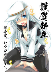 Rule 34 | 10s, 1girl, black thighhighs, blush, hat, hibiki (kancolle), ibuki pon, kantai collection, long hair, looking at viewer, open clothes, open mouth, open shirt, shirt, silver hair, sitting, sitting on person, skirt, solo focus, thighhighs, translation request, verniy (kancolle)