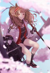 Rule 34 | 1girl, angelina (arknights), animal ears, arknights, bag, black footwear, black gloves, black shirt, black shorts, black socks, blue sky, blurry, blurry foreground, branch, breasts, brown hair, closed mouth, day, depth of field, flower, gloves, hairband, haiteng, holding, jacket, long hair, long sleeves, looking at viewer, open clothes, open jacket, outdoors, pink flower, puffy long sleeves, puffy sleeves, red eyes, red hairband, shirt, shoes, short shorts, shorts, sky, small breasts, smile, socks, solo, twintails, white jacket