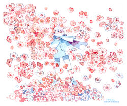 1girl artist_name blue_footwear blue_hair blue_jacket border cherry_blossoms falling_flower falling_petals flower jacket maruti_bitamin multicolored_hair one_eye_closed original painting_(medium) pants petals pile pink_flower pink_petals scarf simple_background solo standing streaked_hair too_many_flowers traditional_media watercolor_(medium) white_background white_border white_hair white_pants white_scarf