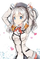 Rule 34 | 10s, 1girl, arms up, bad id, bad pixiv id, beret, blue eyes, buttons, closed mouth, collared shirt, double-breasted, dress shirt, epaulettes, eyebrows, frilled sleeves, frills, hand on headwear, hat, heart, kantai collection, kashima (kancolle), long hair, long sleeves, military, military uniform, shirt, silver hair, skirt, smile, solo, striped, twintails, uniform, upper body, white shirt, z shichao