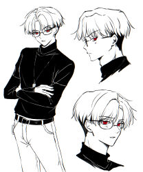 Rule 34 | 1boy, belt, black belt, black hair, black shirt, blush, charisma house, closed mouth, crossed arms, facing to the side, glasses, highres, kusanagi rikai, looking at viewer, male focus, monochrome, multicolored hair, pants, parted lips, red eyes, shirt, solo, teeth, turtleneck, ukisi, white background, white hair, white pants
