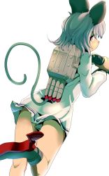 Rule 34 | 1girl, alternate costume, animal ears, binoculars, cosplay, dress, from behind, grey hair, highres, ishikkoro, kantai collection, long sleeves, looking back, mouse ears, mouse tail, nazrin, red eyes, short hair, simple background, smile, solo, tail, touhou, white background, yukikaze (kancolle), yukikaze (kancolle) (cosplay)
