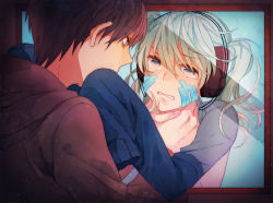 Rule 34 | 1boy, 1girl, alternate costume, aqua eyes, aqua hair, bags under eyes, black hair, crying, ene (kagerou project), hand on another&#039;s cheek, hand on another&#039;s face, hand on neck, headphones, hood, hoodie, jacket, jersey, kagerou project, kiri (lwp01 lav), kisaragi shintarou, looking at another, monitor, sad, short hair, sleeves past wrists, tears, track jacket, twintails