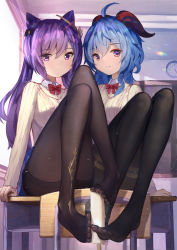 Rule 34 | 2girls, absurdres, ahoge, bad id, bad pixiv id, black pantyhose, blue hair, bow, bowtie, chair, chinese commentary, classroom, collared shirt, commentary request, cone hair bun, desk, feet, food, holding with feet, full body, ganyu (genshin impact), genshin impact, goat horns, hair between eyes, hair bun, hair ornament, highres, horns, indoors, keqing (genshin impact), knees up, long hair, long sleeves, looking at viewer, multiple girls, no shoes, on desk, pantyhose, popsicle, prinz eugen1938, purple eyes, purple hair, red bow, red neckwear, school chair, school desk, school uniform, shirt, sitting, sweater, twintails, yellow sweater