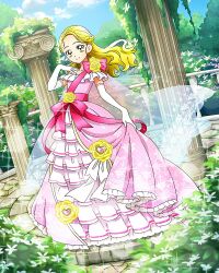 Rule 34 | 1girl, braid, cape, dress, french braid, full body, futari wa precure, futari wa precure max heart, gloves, green eyes, highres, holding, holding clothes, holding dress, kujou hikari, layered dress, long dress, long hair, official art, pink dress, precure, precure connection puzzlun, see-through cape, smile, solo, third-party source, white gloves