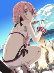 Rule 34 | 1girl, afro (kngotezo), alternate costume, ass, back, beach, bikini, blue eyes, bonfire, breasts, commentary, day, eating, fish, from behind, full body, hair between eyes, highres, kagamihara nadeshiko, long hair, looking at viewer, looking back, pink hair, small breasts, solo, squatting, swimsuit, thighs, white bikini, yurucamp