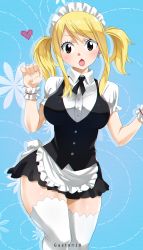 Rule 34 | 1girl, absurdres, artist name, blonde hair, blue background, blush, breasts, brown eyes, earrings, fairy tail, feet out of frame, gaston18, hair between eyes, highres, jewelry, large breasts, looking at viewer, lucy heartfilia, maid, maid headdress, medium hair, open mouth, short sleeves, skirt, solo, standing, thick thighs, thighhighs, thighs, tongue, twintails, watermark, white thighhighs, wide hips, wrist cuffs