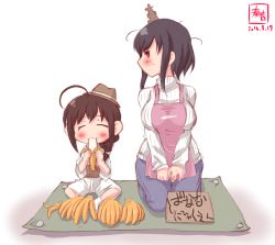 Rule 34 | 10s, 2girls, :3, ahoge, alternate costume, apron, artist name, banana, banana peel, black hair, blush, braid, breasts, brown hair, casual, commentary request, dated, denim, eating, food, fruit, hair ornament, hair over shoulder, hands on thighs, hat, headgear, highres, holding, holding food, holding fruit, jeans, kanon (kurogane knights), kantai collection, large breasts, long sleeves, looking away, multiple girls, pants, pink apron, red eyes, seiza, shigure (kancolle), short hair, short sleeves, shorts, simple background, single braid, sitting, smile, translation request, v arms, white background, white legwear, yamashiro (kancolle), aged down