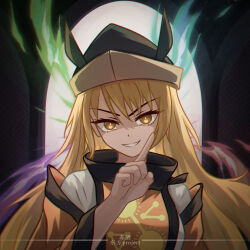Rule 34 | 1girl, black hat, blonde hair, chunjiu, commentary, constellation print, detached sleeves, evil smile, hat, highres, long hair, long sleeves, looking at viewer, matara okina, open mouth, orange sleeves, orange tabard, shaded face, smile, solo, sun print, sun symbol, tabard, touhou, translation request, yellow eyes