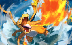 Rule 34 | af (afloatisland), breath weapon, breathing fire, charizard, claws, commentary request, creatures (company), fangs, fire, flying, game freak, gen 1 pokemon, nintendo, no humans, open mouth, pokemon, pokemon (creature), solo, tongue