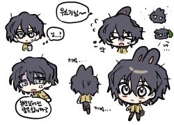 Rule 34 | &gt; &lt;, 1b (dlqotlswk), 1boy, anger vein, animal ears, blue hair, brown pants, chibi, closed mouth, collared shirt, commentary request, dark blue hair, grey eyes, kemonomimi mode, korean commentary, korean text, long sleeves, male focus, messy hair, multiple views, open mouth, pants, rabbit boy, rabbit ears, rabbit tail, saibou shinkyoku, shaded face, shirt, short hair, simple background, speech bubble, sweat, tail, thought bubble, translation request, transparent background, turn pale, utsugi noriyuki, yellow shirt