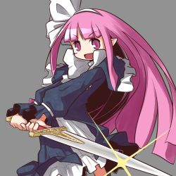 Rule 34 | 1girl, black dress, blunt bangs, disgaea, dress, grey background, guriko (mossari), hair ribbon, hairband, highres, holding, holding weapon, long hair, looking at viewer, mage (disgaea), open mouth, pointy ears, purple eyes, purple hair, ribbon, simple background, smile, solo, standing, sword, weapon
