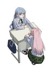 Rule 34 | 2girls, bag, bang dream!, bang dream! it&#039;s mygo!!!!!, blue hair, braid, chihaya anon, closed mouth, collared shirt, commentary, dated commentary, desk, french braid, green necktie, green skirt, grey jacket, hand on another&#039;s head, hanemi, haneoka school uniform, head on arm, headpat, highres, jacket, long hair, long sleeves, looking at another, multiple girls, necktie, pink hair, plaid, plaid skirt, pleated skirt, school bag, school desk, school uniform, shirt, shoes, simple background, sitting, skirt, squatting, togawa sakiko, uwabaki, white background, white shirt, yellow eyes