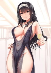 Rule 34 | 1girl, areola slip, black hair, breasts, champagne flute, cleavage, covered erect nipples, cup, dress, drinking glass, groin, hairband, highres, jack dempa, jewelry, long hair, looking at viewer, natsukawa kuroba (jack dempa), navel, necklace, no bra, no panties, original, revealing clothes, see-through, sleeveless, sleeveless dress, smile, solo, sweat