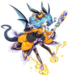 Rule 34 | bat wings, cygames, dragalia lost, dress, fang, fire, food-themed hair ornament, full body, hair ornament, hairstyle request, halloween costume, holding, horns, nintendo, non-web source, official art, pumpkin hair ornament, saitou naoki, silke (dragalia lost), tail, thighhighs, transparent background, wide sleeves, wings