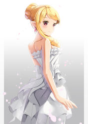 Rule 34 | 1girl, absurdres, bare arms, bare shoulders, blonde hair, blush, breasts, closed mouth, commentary request, dress, drill hair, earrings, eromanga sensei, fingernails, gradient background, grey background, hair bun, highres, holmemee, jewelry, long hair, looking at viewer, looking back, pointy ears, red eyes, sidelocks, single hair bun, small breasts, smile, solo, strapless, strapless dress, white background, white dress, yamada elf