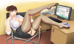 Rule 34 | 1girl, back-seamed legwear, bad id, bad pixiv id, breasts, comma, computer, condom, condom in mouth, covered erect nipples, desk, feet, glasses, highres, keyboard (computer), large breasts, legs, mature female, miniskirt, mouse (animal), mouse (computer), mouth hold, office lady, open clothes, open shirt, original, panties, pantyshot, seamed legwear, shirt, skirt, sleeves rolled up, soles, solo, thighhighs, toe-point, toe scrunch, toenails, toes, underwear, upskirt