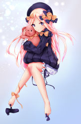 Rule 34 | barefoot, between toes, blonde hair, blue eyes, blush, dress, fate/grand order, fate (series), feet, holding with feet, foreigner (abigail williams), highres, hug, long hair, shoes, unworn shoes, single shoe, stuffed animal, stuffed toy, toes