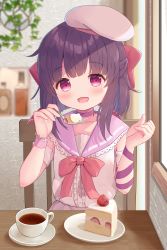 Rule 34 | 1girl, :d, absurdres, alternate costume, arm ribbon, beret, blush, bow, brown hair, cafe, cake, cake slice, child, choker, commission, commissioner upload, cup, dress, fallenshadow, flat chest, food, frilled dress, frills, hair bow, hat, highres, incoming food, indie virtual youtuber, indoors, medium hair, mimikaki (men bow), open mouth, pink bow, pink choker, pink dress, pink eyes, pink ribbon, pov, pov across table, ribbon, ribbon choker, sailor collar, sailor dress, sidelocks, single wrist cuff, skeb commission, smile, solo focus, tea, teacup, virtual youtuber, waist bow, wrist cuffs