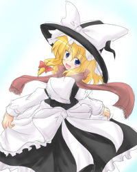 Rule 34 | 1girl, :d, blonde hair, blue eyes, blush, dress, female focus, hassaku karin, hat, hat ribbon, kirisame marisa, long hair, long sleeves, looking at viewer, open mouth, perfect cherry blossom, red scarf, ribbon, scarf, smile, solo, touhou, witch hat, ya-nyaa