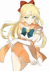 Rule 34 | 1girl, aino minako, back bow, bishoujo senshi sailor moon, blonde hair, blue bow, blue bowtie, blue eyes, blush, bow, bowtie, breasts, choker, closed mouth, crossed arms, elbow gloves, gloves, hair between eyes, hair bow, hands up, heart, long hair, looking to the side, lpip, medium breasts, miniskirt, orange bow, orange choker, orange skirt, parted bangs, red bow, sailor collar, sailor venus, shirt, simple background, skirt, sleeveless, sleeveless shirt, smile, solo, standing, star (symbol), star choker, white background, white gloves, white shirt