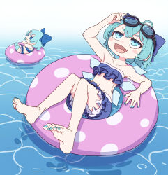 Rule 34 | 1girl, :d, absurdres, adjusting goggles, ahoge, bare arms, bare legs, bare shoulders, barefoot, bikini, blue bikini, blue bow, blue eyes, blue hair, blue nails, blush stickers, bow, character doll, cirno, collarbone, crossed bangs, fairy, fang, feet, fingernails, frilled bikini, frills, full body, fumo (doll), goggles, goggles on head, groin, hair bow, hand up, highres, ice, ice wings, innertube, kame (kamepan44231), light blue hair, nail polish, navel, open mouth, polka dot innertube, short hair, skin fang, smile, soles, solo, strapless, strapless bikini, swim ring, swimsuit, toenail polish, toenails, toes, touhou, v-shaped eyebrows, water, wings