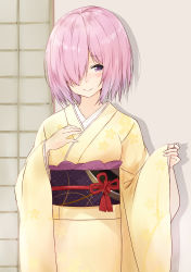Rule 34 | 1girl, absurdres, alternate costume, blush, fate/grand order, fate (series), hair over one eye, highres, japanese clothes, jewelry, kimono, looking at viewer, mash kyrielight, obi, pink hair, purple eyes, ring, saku (kudrove), sash, short hair, sliding doors, solo, wedding band, wide sleeves