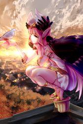 Rule 34 | 1girl, awa (rosemarygarden), bird, bracelet, circe (fate), cloud, cross-laced sandals, dove, fate/grand order, fate (series), head on hand, helmet, highres, jewelry, long hair, miniskirt, pink hair, pointy ears, rooftop, sandals, sky, skyline, smile, squatting, sunset, tree, very long hair, winged helmet