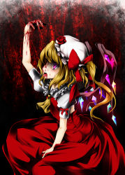 Rule 34 | 1girl, arm up, ascot, between legs, blonde hair, blood, blood in mouth, blood on face, bow, dripping, female focus, flandre scarlet, flower, hand between legs, hat, hat bow, hat flower, highres, oouso, open mouth, ponytail, purple eyes, red eyes, ribbon, shimo (depthbomb), short hair, side ponytail, sitting, skirt, skirt set, solo, embodiment of scarlet devil, tongue, tongue out, touhou, wings