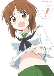 Rule 34 | ..., 1girl, absurdres, black neckerchief, blouse, blush, brown eyes, brown hair, clothes lift, commentary, cynical (llcbluckg c004), girls und panzer, green skirt, highres, lifting own clothes, long sleeves, looking at viewer, navel, neckerchief, nishizumi miho, ooarai school uniform, open mouth, pleated skirt, sailor collar, school uniform, serafuku, shirt, shirt lift, short hair, simple background, skirt, smile, solo, spoken ellipsis, twitter username, upper body, white background, white sailor collar, white shirt