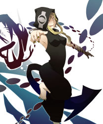 Rule 34 | 00s, 1girl, arched back, armpits, barefoot, black dress, blonde hair, breasts, dress, feet, female focus, fingernails, hood, long hair, looking at viewer, medusa gorgon, nail polish, sleeveless, sleeveless dress, smile, snake, solo, soul eater, tattoo, toes, tongue, tongue out, yellow eyes