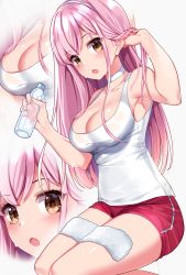 Rule 34 | 1girl, blush, breasts, choker, cleavage, dutch angle, fate/grand order, fate (series), gendo0032, tucking hair, hairband, long hair, looking at viewer, medb (fate), medb (fate), medium breasts, open mouth, ramune, short shorts, shorts, simple background, solo, sweat, tank top, towel, zoom layer
