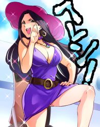 Rule 34 | 10s, 1girl, bare shoulders, belt, black hair, breasts, cleavage, earrings, hand on own hip, helen (idolmaster), idolmaster, idolmaster cinderella girls, jewelry, long hair, necklace, ojou-sama pose, open mouth, sakayama shinta, smile, solo, translated