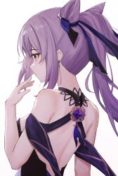 Rule 34 | 1girl, atychi, bare back, commentary request, cone hair bun, detached sleeves, double bun, earrings, eyeshadow, from behind, genshin impact, hair between eyes, hair bun, hair ornament, hair ribbon, highres, jewelry, keqing (genshin impact), keqing (opulent splendor) (genshin impact), long hair, makeup, nape, official alternate costume, purple eyes, purple hair, red eyeshadow, ribbon, short sleeves, sidelocks, simple background, solo, twintails, vision (genshin impact), white background, wind