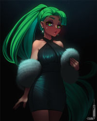 Rule 34 | 1girl, arm at side, bare shoulders, blue background, closed mouth, criss-cross halter, dark background, dress, earrings, green dress, green eyes, green hair, halter dress, halterneck, hand up, highres, jewelry, loen, long hair, looking at viewer, necklace, original, pelt, ponytail, puckered lips, short dress, solo, standing, sweatdrop, tight dress, twitter username, very long hair, x x