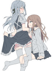 Rule 34 | 2girls, absurdres, bang dream!, bang dream! it&#039;s mygo!!!!!, black dress, black ribbon, black skirt, blue hair, blush, brown hair, chinese commentary, closed eyes, commentary request, dress, earrings, grey shirt, grey socks, grey thighhighs, hair ribbon, hand on another&#039;s shoulder, hand on another&#039;s thigh, highres, jewelry, kneeling, long hair, looking at another, medium hair, multiple girls, nagasaki soyo, no shoes, open clothes, open shirt, panties, panty pull, parted lips, pleated skirt, puffy short sleeves, puffy sleeves, ribbon, shirt, short sleeves, simple background, sitting, skirt, socks, soha (sirohase), star (symbol), star earrings, thighhighs, togawa sakiko, underwear, white background, white panties, wrist cuffs, yuri